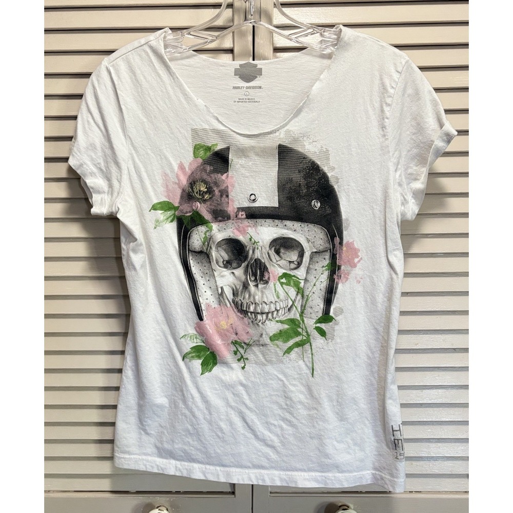 Harley Davidson Round Cut Neck Graphic Short Sleeve T-Shirt Size L Skull Flowers